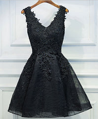 Homecoming Dresses Long, Black V Neck Lace Short Prom Dress, Black Cute Homecoming Dresses