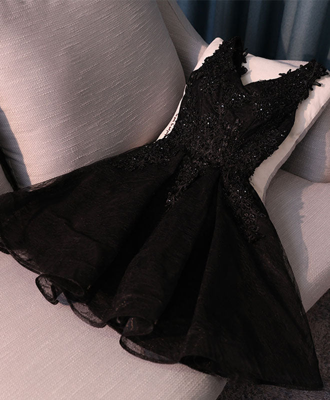 Long Dress Design, Black V Neck Lace Short Prom Dress, Black Cute Homecoming Dresses