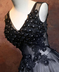 Bridesmaids Dresses Satin, Black V Neck Lace Short Prom Dress, Black Evening Dress