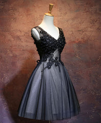 Bridesmaid Dress Satin, Black V Neck Lace Short Prom Dress, Black Evening Dress