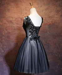 Bridesmaid Dresses Satin, Black V Neck Lace Short Prom Dress, Black Evening Dress