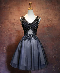 Bridesmaid Dress Shopping, Black V Neck Lace Short Prom Dress, Black Evening Dress