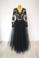 Prom Dress With Long Sleeves, Black v neck lace tulle long evening dress black lace prom dress