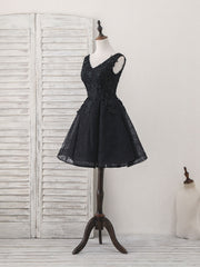 Prom Dresses Dark Blue, Black V Neck Lace V Neck Short Prom Dress, Black Homecoming Dress