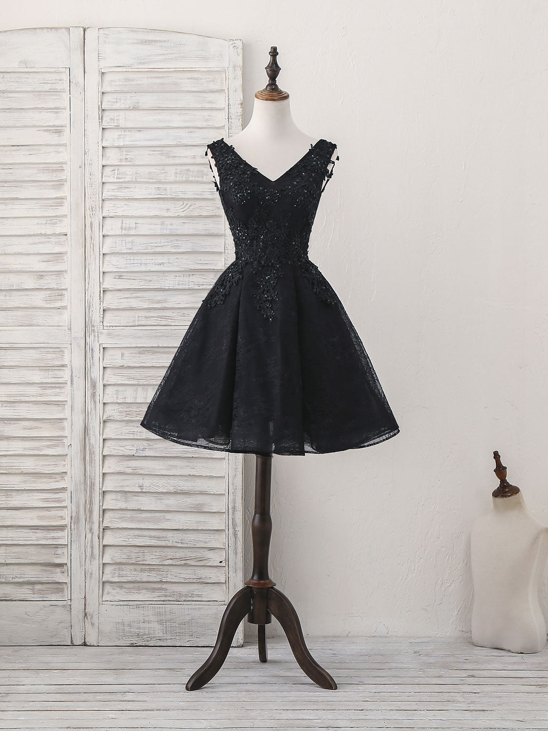 Prom Dresses 2035 Black, Black V Neck Lace V Neck Short Prom Dress, Black Homecoming Dress