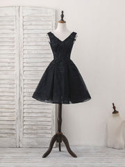 Prom Dresses 2035 Black, Black V Neck Lace V Neck Short Prom Dress, Black Homecoming Dress