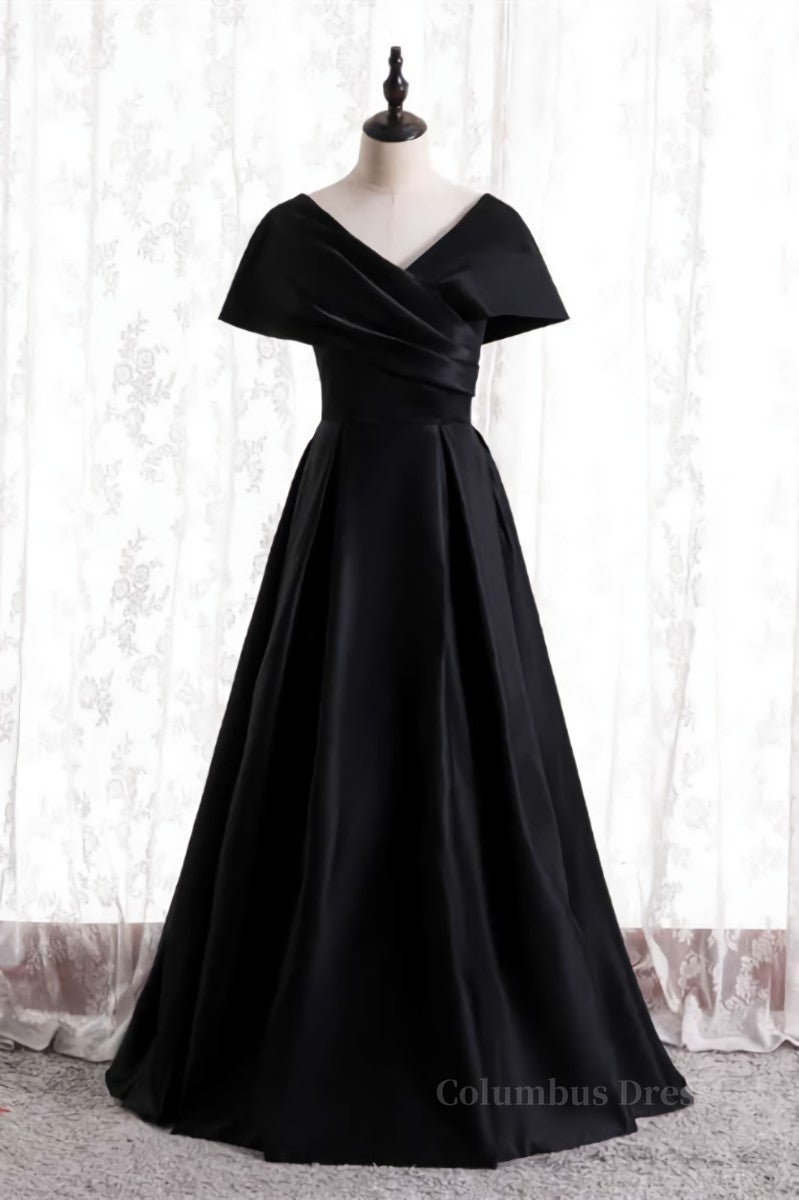 Dream Dress, Black V Neck Satin Pleated Bat wing Sleeves Long Formal Dress