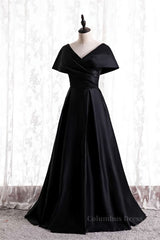Elegant Dress For Women, Black V Neck Satin Pleated Bat wing Sleeves Long Formal Dress