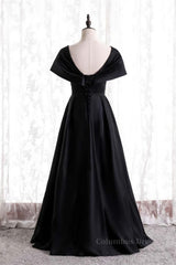 Long Dress Outfit, Black V Neck Satin Pleated Bat wing Sleeves Long Formal Dress