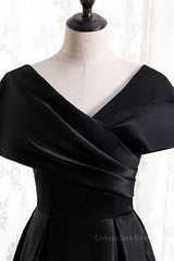 Long Formal Dress, Black V Neck Satin Pleated Bat wing Sleeves Long Formal Dress
