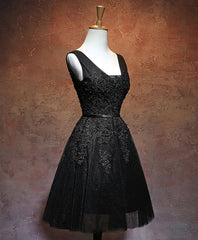 Formal Dresses For Weddings Mothers, Black V Neck Tulle Lace Short Prom Dress, Black Homecoming Dresses