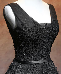 Formal Dresses, Black V Neck Tulle Lace Short Prom Dress, Black Homecoming Dresses