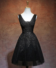 Formal Dresses For Weddings Mother Of The Bride, Black V Neck Tulle Lace Short Prom Dress, Black Homecoming Dresses