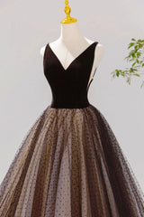 Formal Dresses Over 49, Black V-neck Tulle Short Prom Dress, A-Line Black Tea Length Party Dress