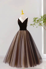 Formal Dresses Midi, Black V-neck Tulle Short Prom Dress, A-Line Black Tea Length Party Dress