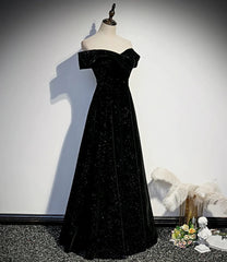 Sun Dress, Black Velvet Off Shoulder Long Party Dress, Black Simple Prom Dress