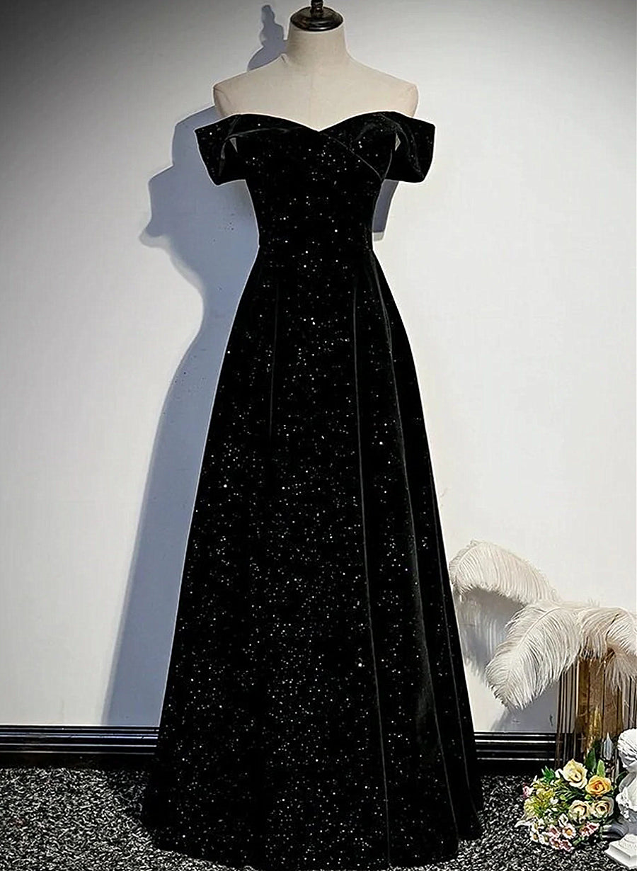 Gown Dress, Black Velvet Off Shoulder Long Party Dress, Black Simple Prom Dress