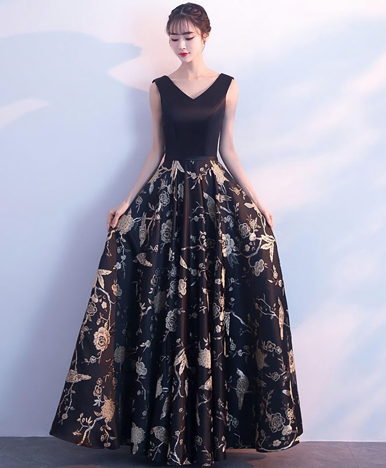 Prom Dresses 2041, Black V Neck Floral Pattern Long Prom Dress, Evening Dress