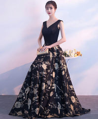 Prom Dresses Casual, Black V Neck Floral Pattern Long Prom Dress, Evening Dress