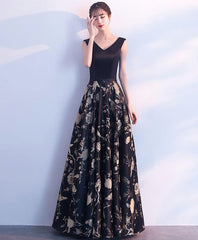 Prom Dress Elegant, Black V Neck Floral Pattern Long Prom Dress, Evening Dress