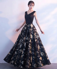 Prom Dresses Outfits, Black V Neck Floral Pattern Long Prom Dress, Evening Dress