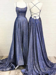 Bridesmaid Dress Strapless, Bling Bling Backless Long Prom Dresses, Open Back Blue Long Formal Evening Dresses