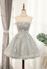 Prom Dress For Sale, Gray Strapless Feather Short Prom Dresses, Cute Party Dresses