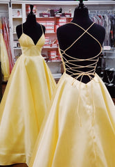 Evening Dresses Cheap, Yellow Satin Long Prom Dresses,Simple A-Line Elegant Dress Classy
