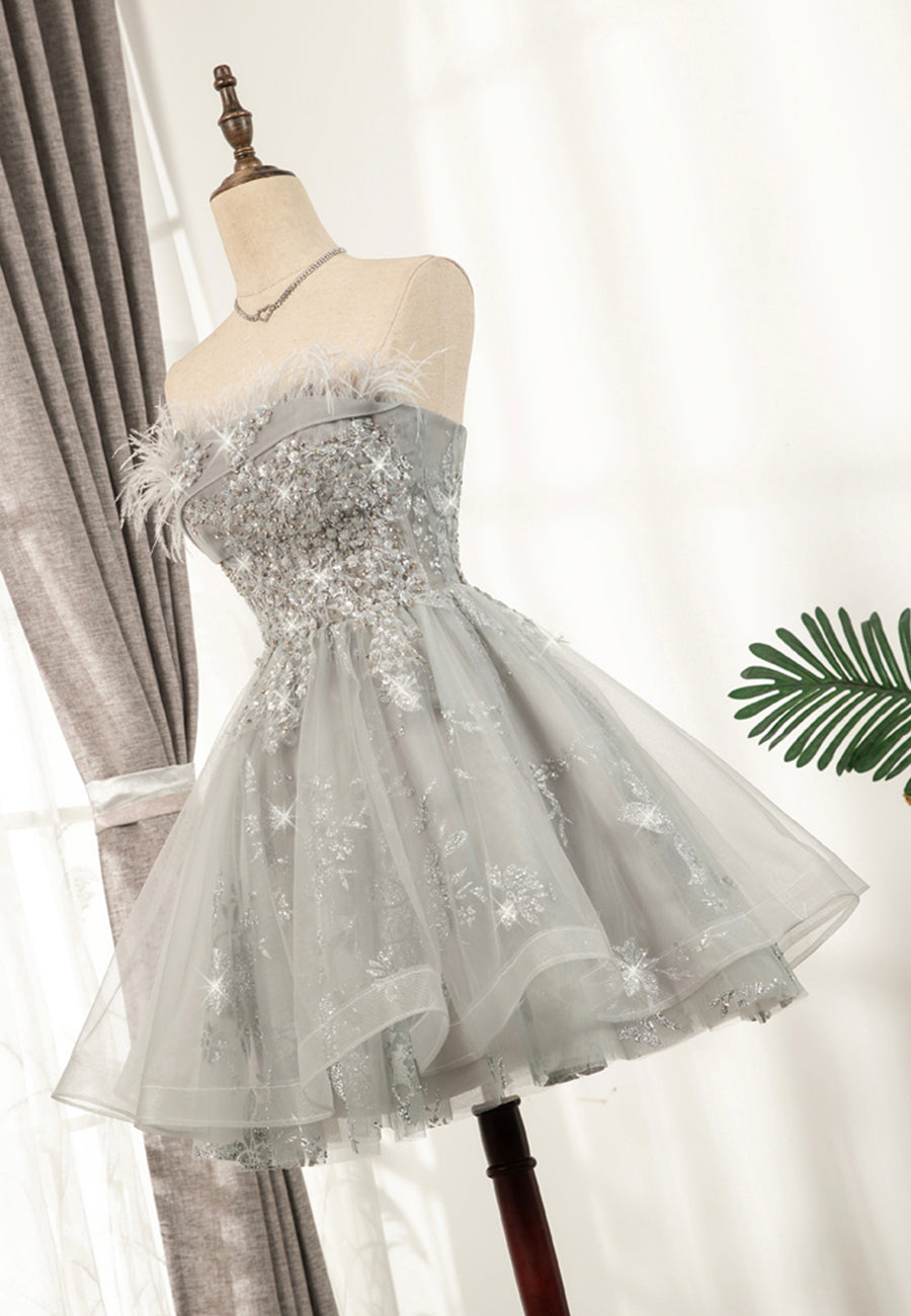 Prom Dresses2043, Gray Strapless Feather Short Prom Dresses, Cute Party Dresses