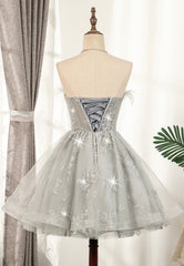 Prom Dresses For Sale, Gray Strapless Feather Short Prom Dresses, Cute Party Dresses