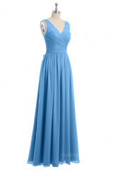 Long Sleeve Dress, Blue A-line Lace and Chiffon Long Bridesmaid Dress