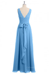 Summer Wedding, Blue A-line Lace and Chiffon Long Bridesmaid Dress