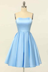 Party Dress Over 52, Blue A-line Strapless Satin Mini Homecoming Dress