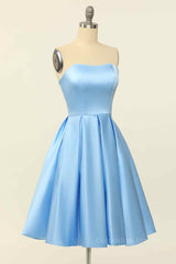 Party Dresses For Over 52S, Blue A-line Strapless Satin Mini Homecoming Dress