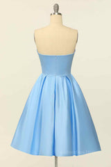 Party Dress For Over 52, Blue A-line Strapless Satin Mini Homecoming Dress
