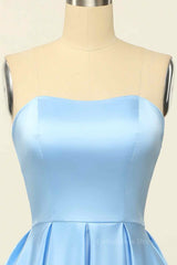 Party Outfit, Blue A-line Strapless Satin Mini Homecoming Dress