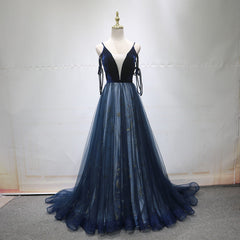 Prom Dress Long Elegant, Blue A-line Straps Tulle Long Evening Dress Party Dress, Blue Bridesmaid Dress