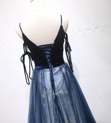Prom Dresses Silk, Blue A-line Straps Tulle Long Evening Dress Party Dress, Blue Bridesmaid Dress
