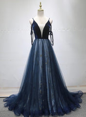 Prom Dress Long Elegent, Blue A-line Straps Tulle Long Evening Dress Party Dress, Blue Bridesmaid Dress