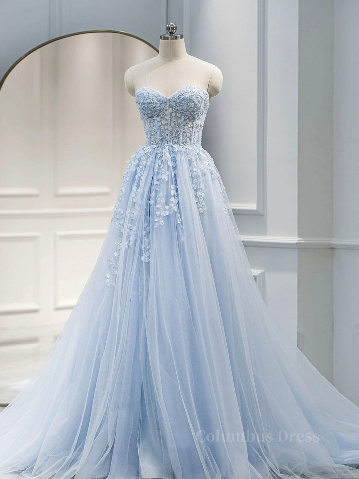 Prom Dress Sleeves, Blue A line tulle lace long prom dress blue lace formal dress