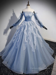 Summer Dress, Blue A-Line Tulle Lace Long Prom Dresses, Blue Formal Evening Dresses