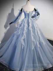 Prom Dresses Two Piece, Blue A-Line Tulle Lace Long Prom Dresses, Blue Formal Evening Dresses