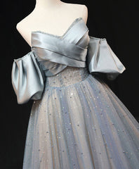 Evening Dresses Petite, Blue A Line Tulle Long Prom Dress, Blue Tulle Evening Dress with Beading