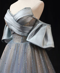 Evening Dress Petite, Blue A Line Tulle Long Prom Dress, Blue Tulle Evening Dress with Beading