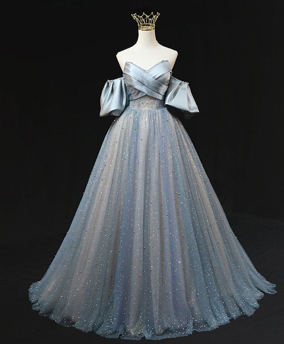 Evening Dress Italy, Blue A Line Tulle Long Prom Dress, Blue Tulle Evening Dress with Beading