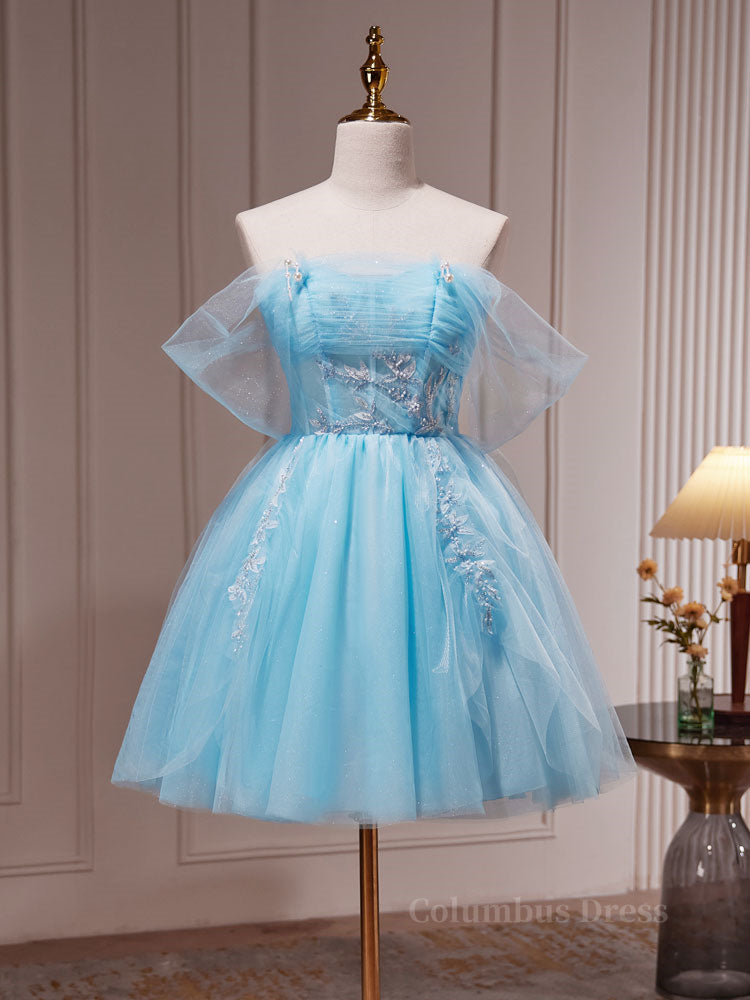 Prom, Blue A-line Tulle Short Prom Dress, Blue Homecoming Dress