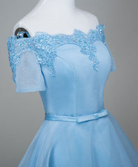 Evening Dresses Online, Blue A-Line Tulle Short Sleeve Lace Short Prom Dress, Blue Cute Homecoming Dress