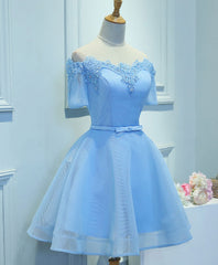 Evening Dresses Cheap, Blue A-Line Tulle Short Sleeve Lace Short Prom Dress, Blue Cute Homecoming Dress