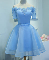 Evening Dress Elegant, Blue A-Line Tulle Short Sleeve Lace Short Prom Dress, Blue Cute Homecoming Dress