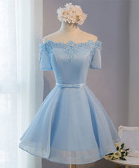 Evening Dresses On Sale, Blue A-Line Tulle Short Sleeve Lace Short Prom Dress, Blue Cute Homecoming Dress